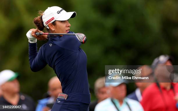 Maria Fassi of Mexico plays her shot from the second tee during the final round of the Pelican Women's Championship at Pelican Golf Club on November...