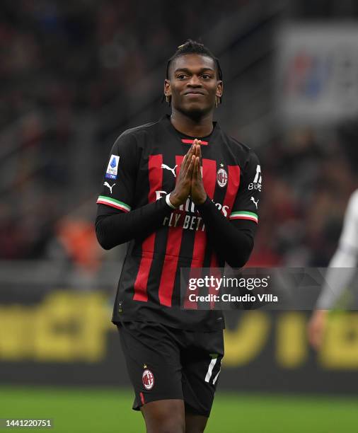 Rafael Leao of AC Milan reacst during the Serie A match between AC Milan and ACF Fiorentina at Stadio Giuseppe Meazza on November 13, 2022 in Milan,...