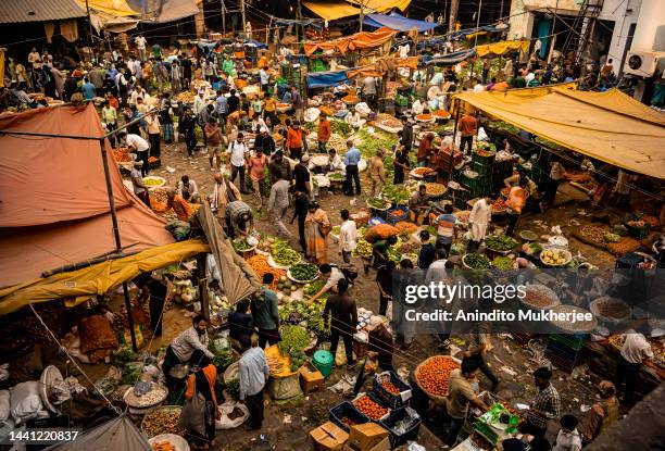 Shoppers buy fruits and vegetables at a wholesale market on November 02, 2022 in the walled city of Delhi, India. The world's population is slated to...