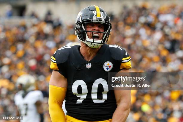 Watt of the Pittsburgh Steelers reacts after a tackle in the game against the New Orleans Saints during the first quarter at Acrisure Stadium on...