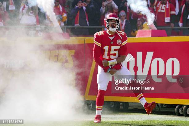 Patrick Mahomes of the Kansas City Chiefs runs on to the field prior to the game against the Jacksonville Jaguars at Arrowhead Stadium on November...
