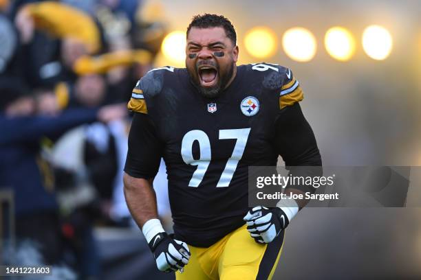 Cameron Heyward of the Pittsburgh Steelers runs onto the field prior to the game against the New Orleans Saints at Acrisure Stadium on November 13,...