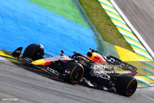 Max Verstappen of the Netherlands driving the Oracle Red Bull Racing RB18 on track during the F1 Grand Prix of Brazil at Autodromo Jose Carlos Pace...