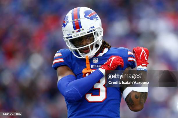 Damar Hamlin of the Buffalo Bills celebrates after a tackle during the first quarter against the Minnesota Vikings at Highmark Stadium on November...
