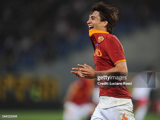 Bojan Krkic of AS Roma protest with the linesman during the Serie A match between AS Roma and Catania Calcio at Stadio Olimpico on May 5, 2012 in...