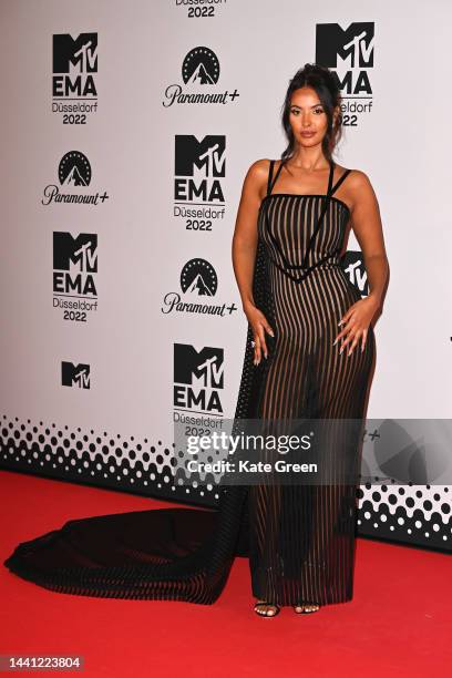 Maya Jama attends the red carpet during the MTV Europe Music Awards 2022 held at PSD Bank Dome on November 13, 2022 in Duesseldorf, Germany.