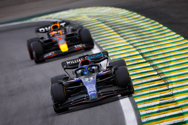 F1 Grand Prix of BrazilSAO PAULO, BRAZIL - NOVEMBER 13: Alexander Albon of Thailand driving the (23) Williams FW44 Mercedes leads Max Verstappen of the Netherlands driving the (1) Oracle Red Bull Racing RB18 during the F1 Grand Prix of Brazil at Autodromo Jose Carlos Pace on November 13, 2022 in Sao Paulo, Brazil