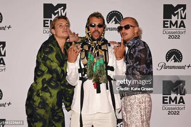 Karel Gerlach, Boaz Kok and Milo Driessen of Goldband attend the red carpet during the MTV Europe Music Awards 2022 held at PSD Bank Dome on November...