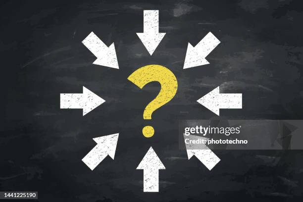 yellow questions mark illustration on blackboard background and copy space for faq and question and answer - chalkboard scribble vector stock illustrations