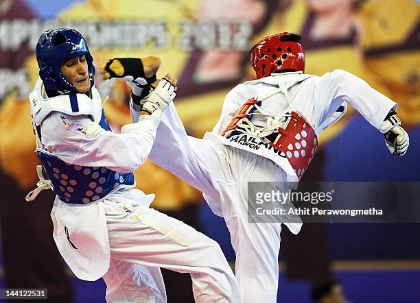 Peerathep Sila-On of Thailand in action against Anasjalal Mohammad of Jordan during day two of the 20th Asian Taekwondo Championships at Phu Tho...
