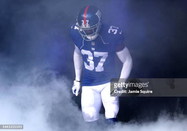 Fabian Moreau of the New York Giants takes the field prior to the game against the Houston Texans at MetLife Stadium on November 13, 2022 in East...