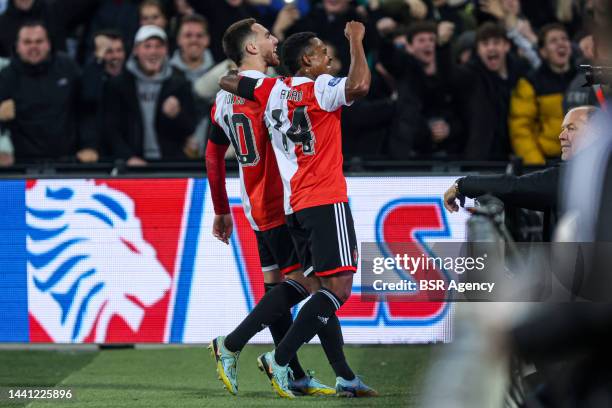 Orkun Kokcu of Feyenoord, Igor Paixao of Feyenoord celebrate the second goal during the Dutch Eredivisie match between Feyenoord and Excelsior...