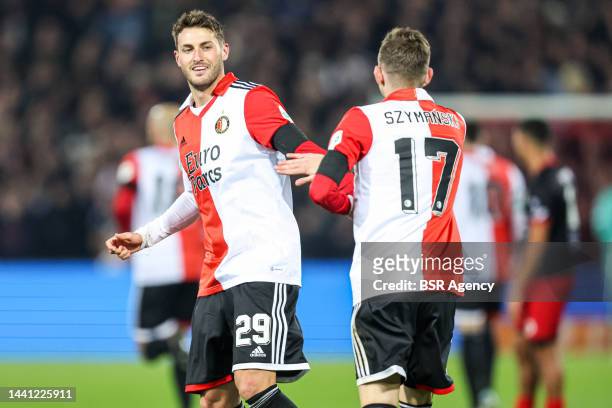 Santiago Gimenez of Feyenoord, Sebastian Szymanski of Feyenoord celebrate after scoring a goal during the Dutch Eredivisie match between Feyenoord...