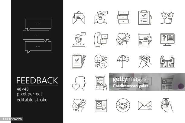 feedback line icon set. - checking email stock illustrations