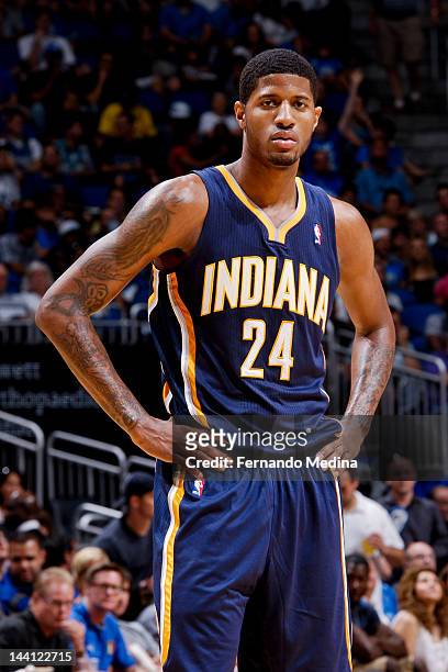 Paul George of the Indiana Pacers plays against the Orlando Magic in Game Four of the Eastern Conference Quarterfinals during the 2012 NBA Playoffs...
