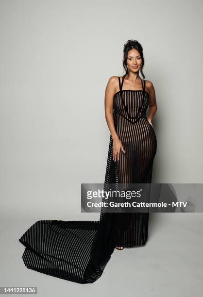Maya Jama poses during a portrait session during the MTV Europe Music Awards 2022 held at PSD Bank Dome on November 13, 2022 in Duesseldorf, Germany.