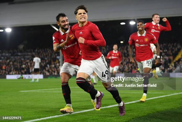 Alejandro Garnacho of Manchester United celebrates scoring their side's second goal during the Premier League match between Fulham FC and Manchester...