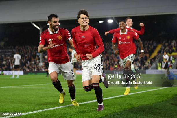 Alejandro Garnacho of Manchester United celebrates scoring their side's second goal during the Premier League match between Fulham FC and Manchester...