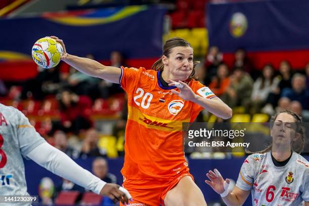 Inger Smits of the Netherlands shoots to score during the Main Round - EHF EURO 2022 match between Netherlands and Spain at the Arena Boris...