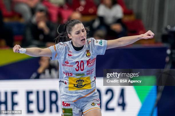 Soledad Lopez Jimenez of Spain celebrates her goal during the Main Round - EHF EURO 2022 match between Netherlands and Spain at the Arena Boris...