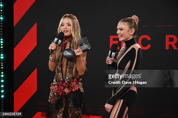 Rita Ora and Becca Dudley speak on the red carpet during the MTV Europe Music Awards 2022 held at PSD Bank Dome on November 13, 2022 in Duesseldorf,...