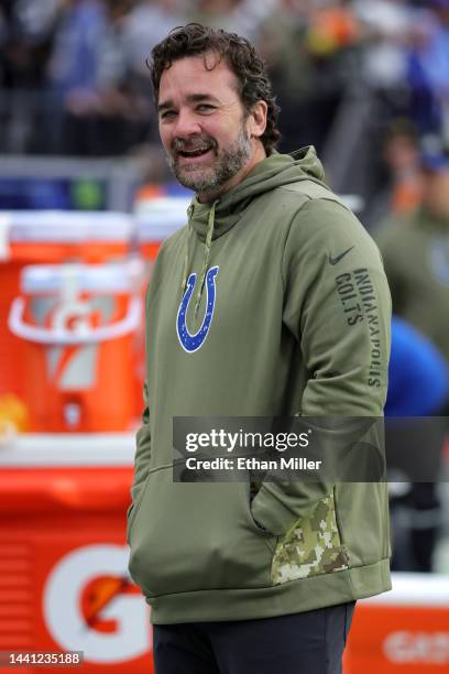 Interim head coach Jeff Saturday of the Indianapolis Colts looks on before the start of the game against the Las Vegas Raiders at Allegiant Stadium...