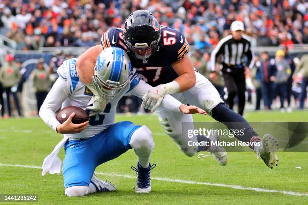 Jack Sanborn of the Chicago Bears tackles Jared Goff of the Detroit Lions during the second quarter at Soldier Field on November 13, 2022 in Chicago,...