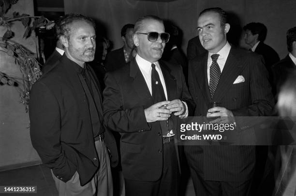 Outtake; Fashion designers Gianni Versace, Karl Lagerfeld and Christian Lacroix attending Anna Wintour's party to fete the "Gang of 3" in town for...