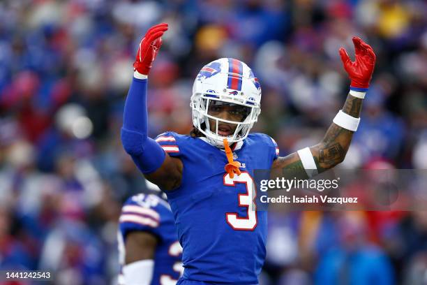 Damar Hamlin of the Buffalo Bills gestures towards the crowd during the third quarter against the Minnesota Vikings at Highmark Stadium on November...