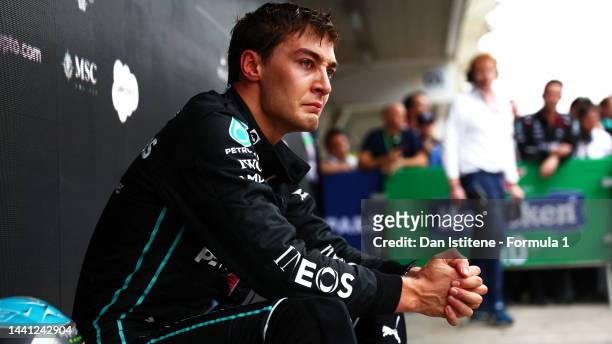 Race winner George Russell of Great Britain and Mercedes reacts in parc ferme during the F1 Grand Prix of Brazil at Autodromo Jose Carlos Pace on...