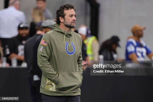 Interim head coach Jeff Saturday of the Indianapolis Colts looks on before the start of the game against the Las Vegas Raiders at Allegiant Stadium...