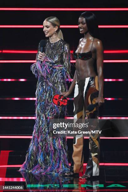 Leonie Hanne and Leomie Anderson present the Best Rock Award on stage during the MTV Europe Music Awards 2022 held at PSD Bank Dome on November 13,...