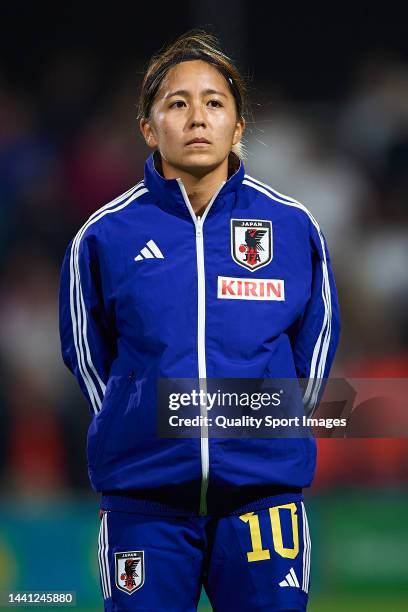 Mana Iwabuchi of Japan Women lines up during the national anthems prior to the International friendly match between England Women and Japan Women at...