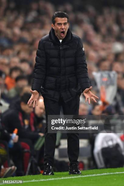 Marco Silva, Manager of Fulham reacts during the Premier League match between Fulham FC and Manchester United at Craven Cottage on November 13, 2022...