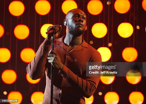 Stormzy performs onstage during the MTV Europe Music Awards 2022 held at PSD Bank Dome on November 13, 2022 in Duesseldorf, Germany.