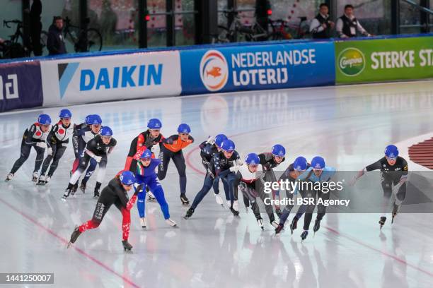 Irene Schouten of The Netherlands middle, Claudia Pechstein of Germany right competing Speedskating World Cup 1 on November 13, 2022 in Stavanger,...