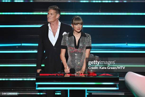 Taylor Swift accepts the Best Artist Award from David Hasselhoff on stage during the MTV Europe Music Awards 2022 held at PSD Bank Dome on November...