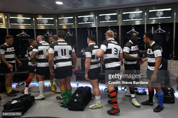 Barbarian players prepare to play ahead of the Killik Cup match between Barbarians and New Zealand All Blacks XV at Tottenham Hotspur Stadium on...