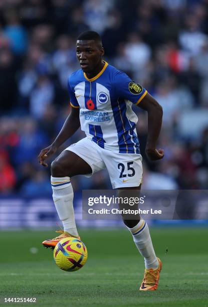 Moises Caicedo of Brighton and Hove Albion in action during the Premier League match between Brighton & Hove Albion and Aston Villa at American...