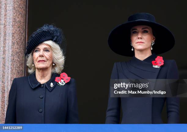 Camilla, Queen Consort and Catherine, Princess of Wales attend the National Service of Remembrance at The Cenotaph on November 13, 2022 in London,...