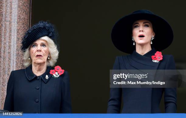 Camilla, Queen Consort and Catherine, Princess of Wales attend the National Service of Remembrance at The Cenotaph on November 13, 2022 in London,...