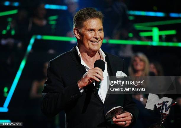 David Hasselhoff speaks onstage during the MTV Europe Music Awards 2022 held at PSD Bank Dome on November 13, 2022 in Duesseldorf, Germany.