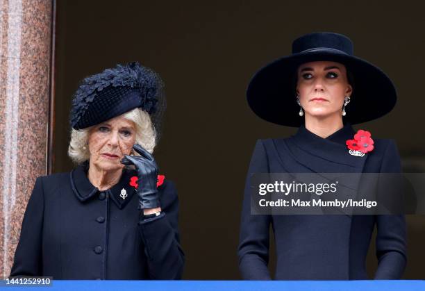 Camilla, Queen Consort and Catherine, Princess of Wales attend the National Service of Remembrance at The Cenotaph on November 13, 2022 in London,...
