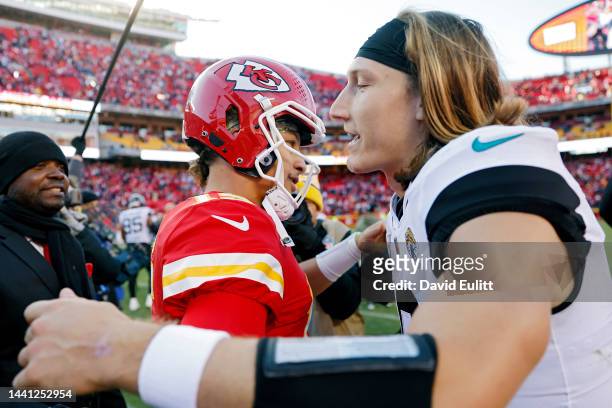 Patrick Mahomes of the Kansas City Chiefs hugs Trevor Lawrence of the Jacksonville Jaguars after the Chiefs defeated the Jaguars 27-17 at Arrowhead...