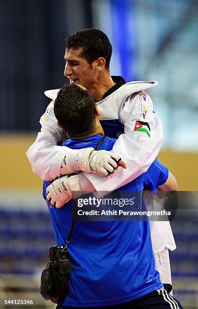 Anas Jalal Mohammad Aladarbi of Jordan reacts after winning against Seo Jong-Bin of Korea during day two of the 20th Asian Taekwondo Championships at...