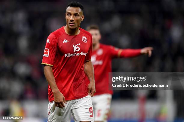 Karim Onisiwo of Mainz reactsduring the Bundesliga match between 1. FSV Mainz 05 and Eintracht Frankfurt at MEWA Arena on November 13, 2022 in Mainz,...