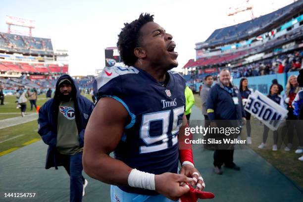 DeMarcus Walker of the Tennessee Titans yells towards fans after his team's 17-10 win against the Denver Broncos at Nissan Stadium on November 13,...