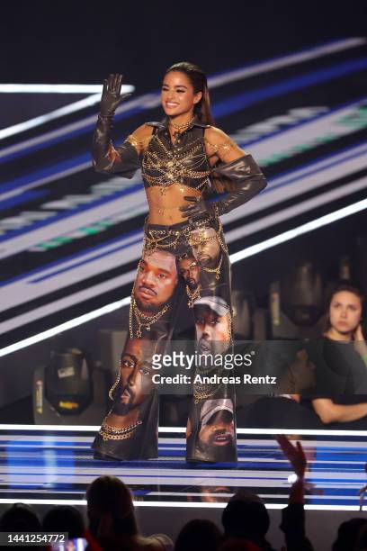 Noa Kirel is seen on stage during the MTV Europe Music Awards 2022 held at PSD Bank Dome on November 13, 2022 in Duesseldorf, Germany.