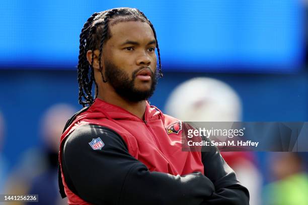Kyler Murray of the Arizona Cardinals looks on during warmups prior to the game against the Los Angeles Rams at SoFi Stadium on November 13, 2022 in...