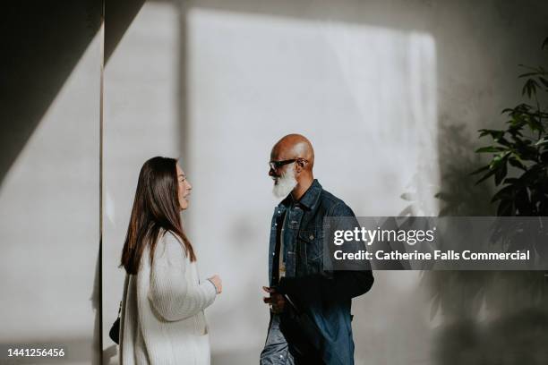 simple image of a woman and a man facing eachother, with space for copy. - job shadow stock pictures, royalty-free photos & images